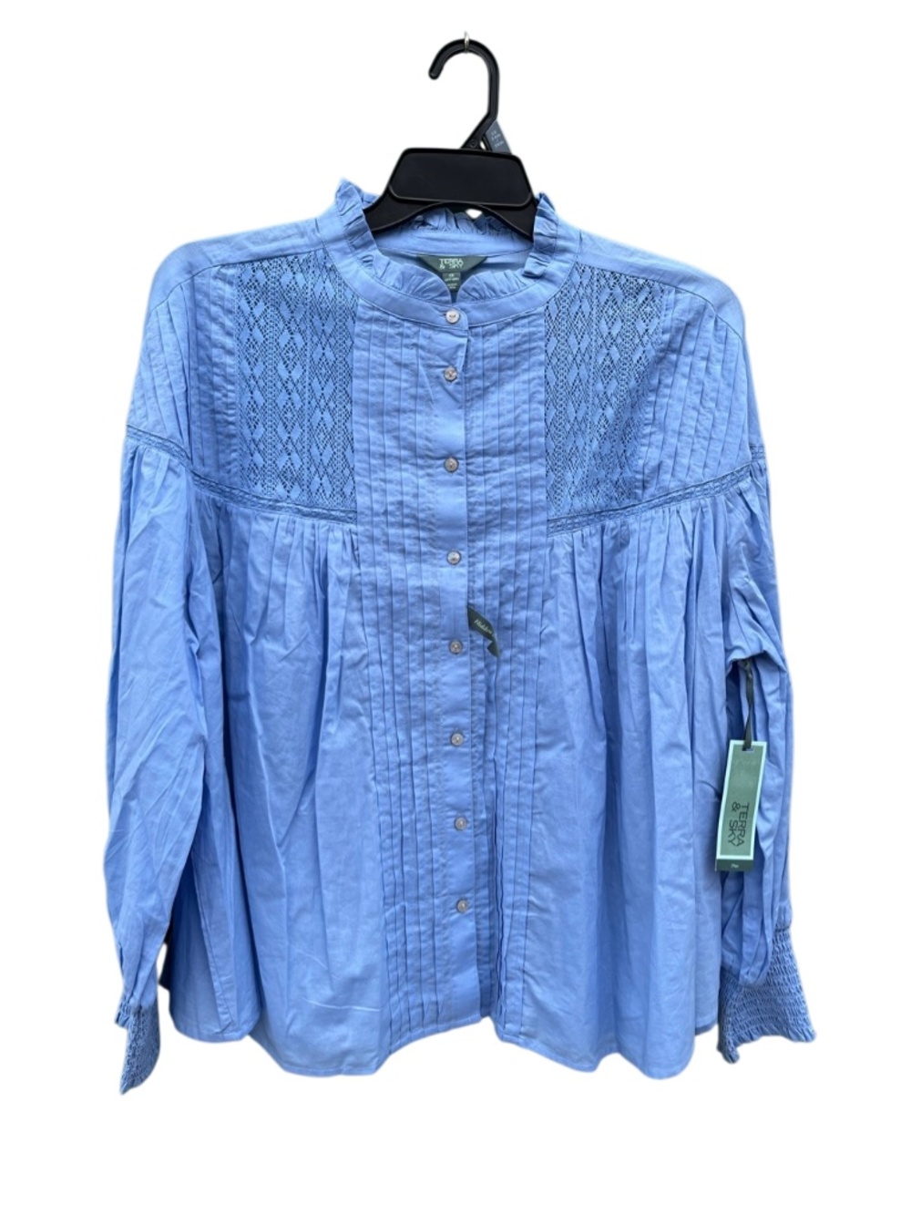Women's Lace Inset Blouse with Long Sleeves Cotton Blue Size 3X